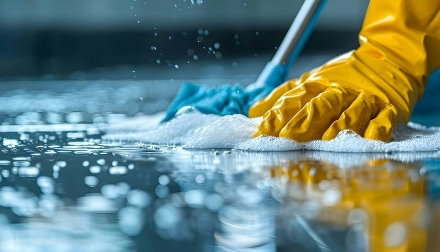 Limpieza profesional del suelo con una mopa, agua jabonosa y guantes amarillos