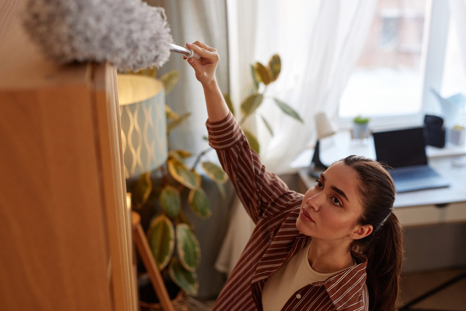 Una mujer quita el polvo de la parte superior de un mueble de madera con un plumero gris