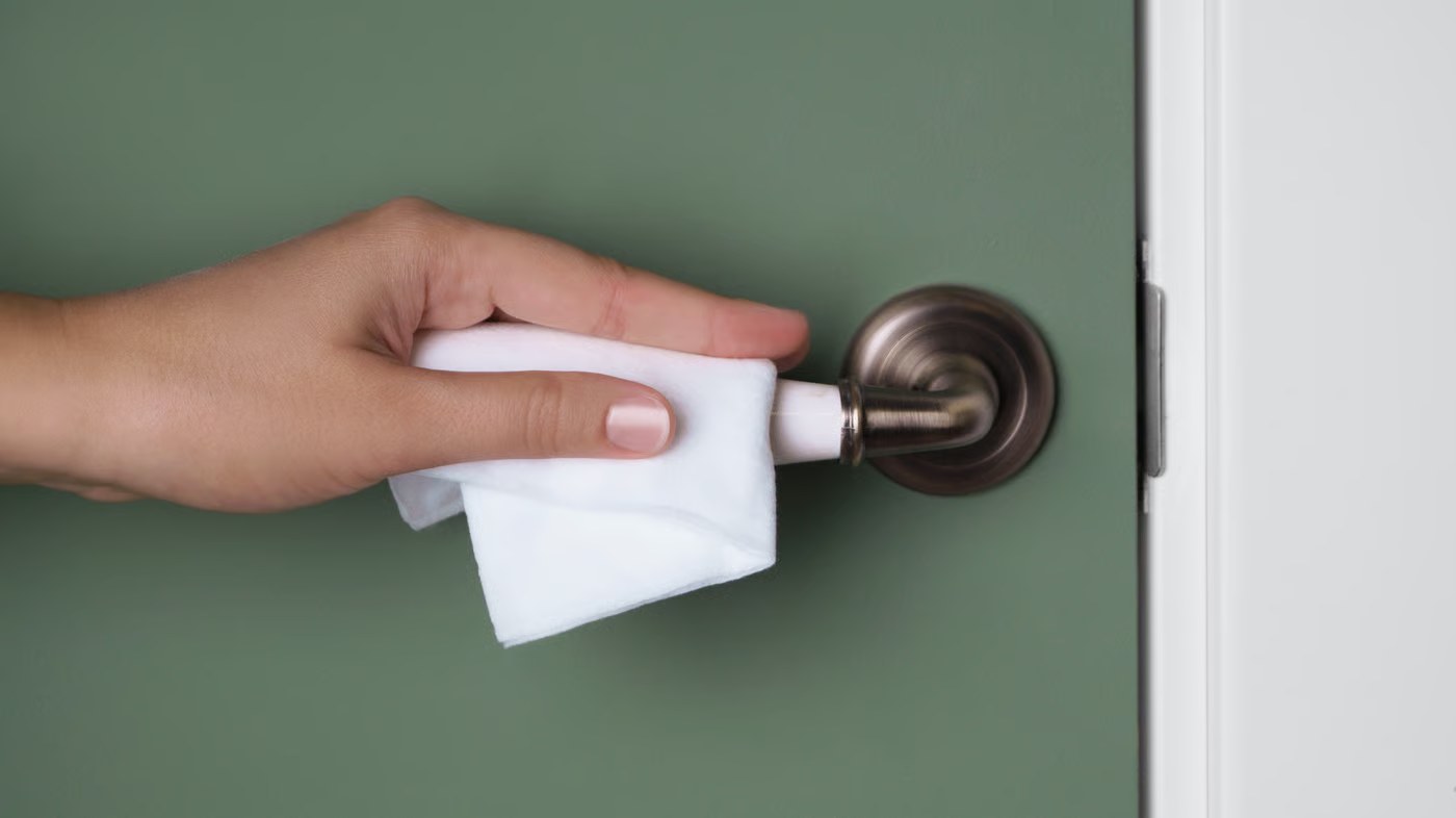 Una mano limpia la manilla metálica de una puerta verde con una toallita blanca