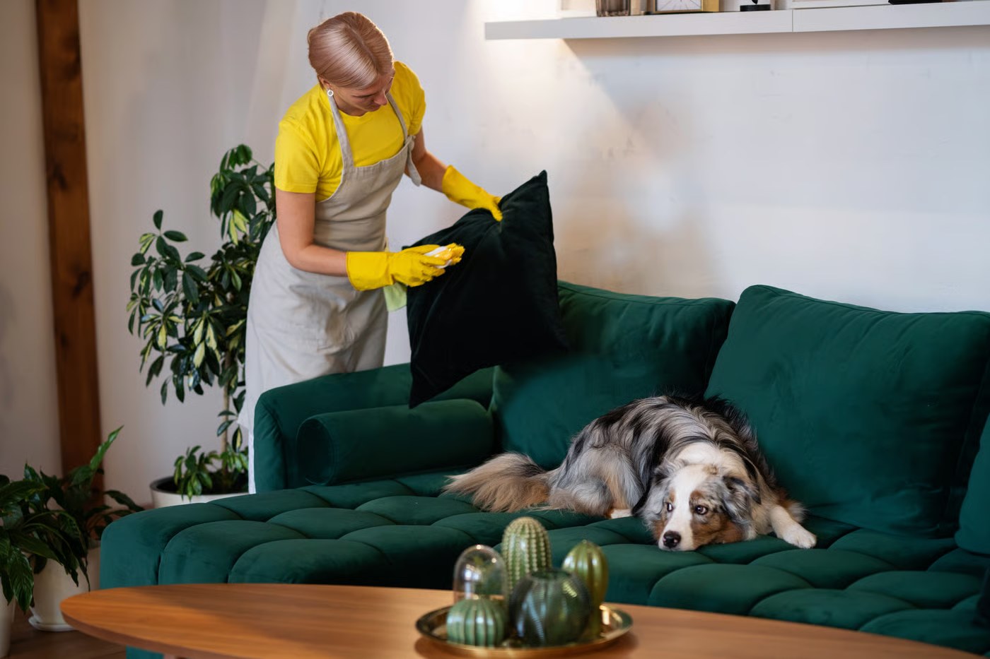 Una mujer con guantes amarillos limpia un cojín negro junto a un perro tumbado en un sofá verde